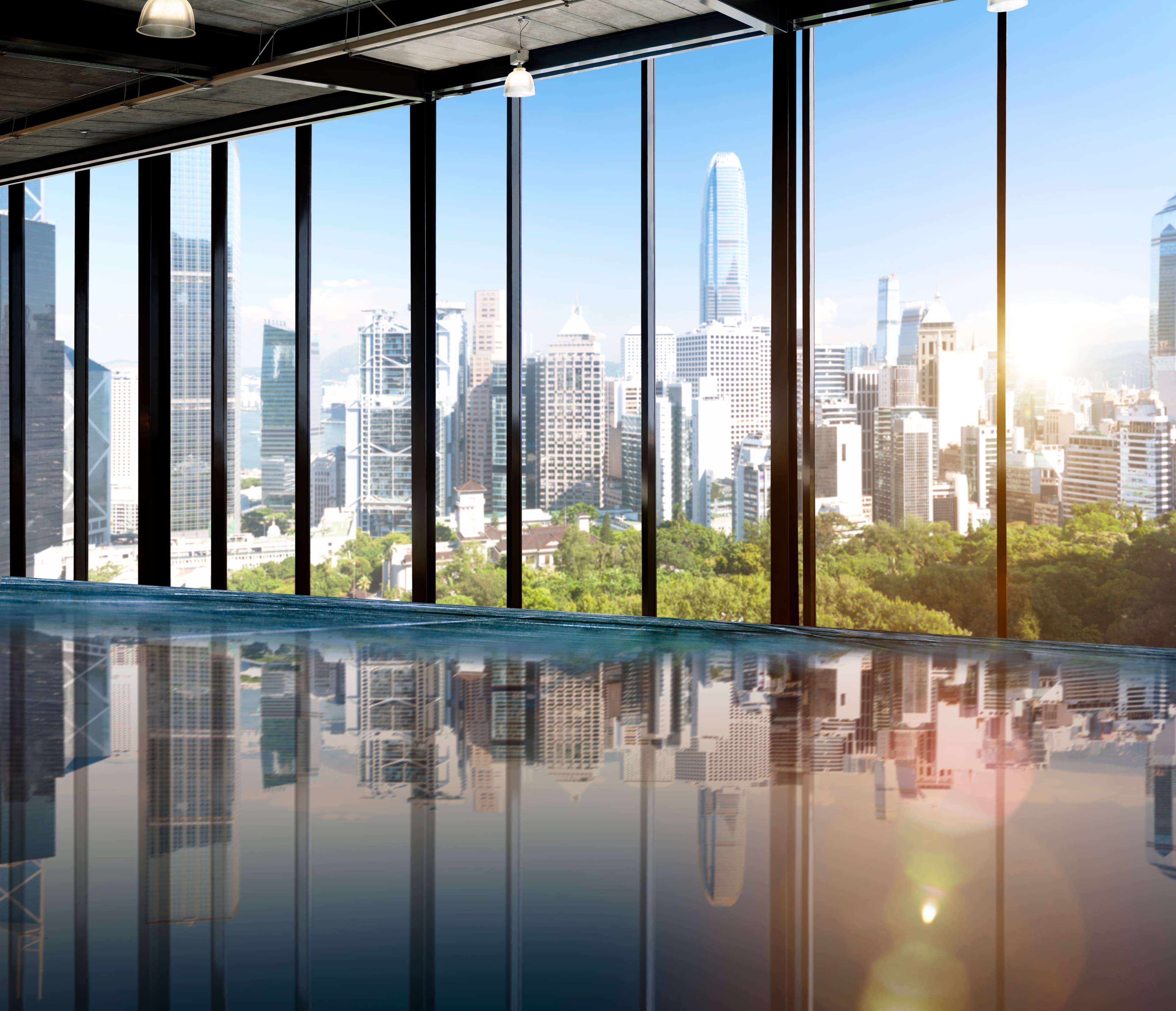 Modern office with city skyline view